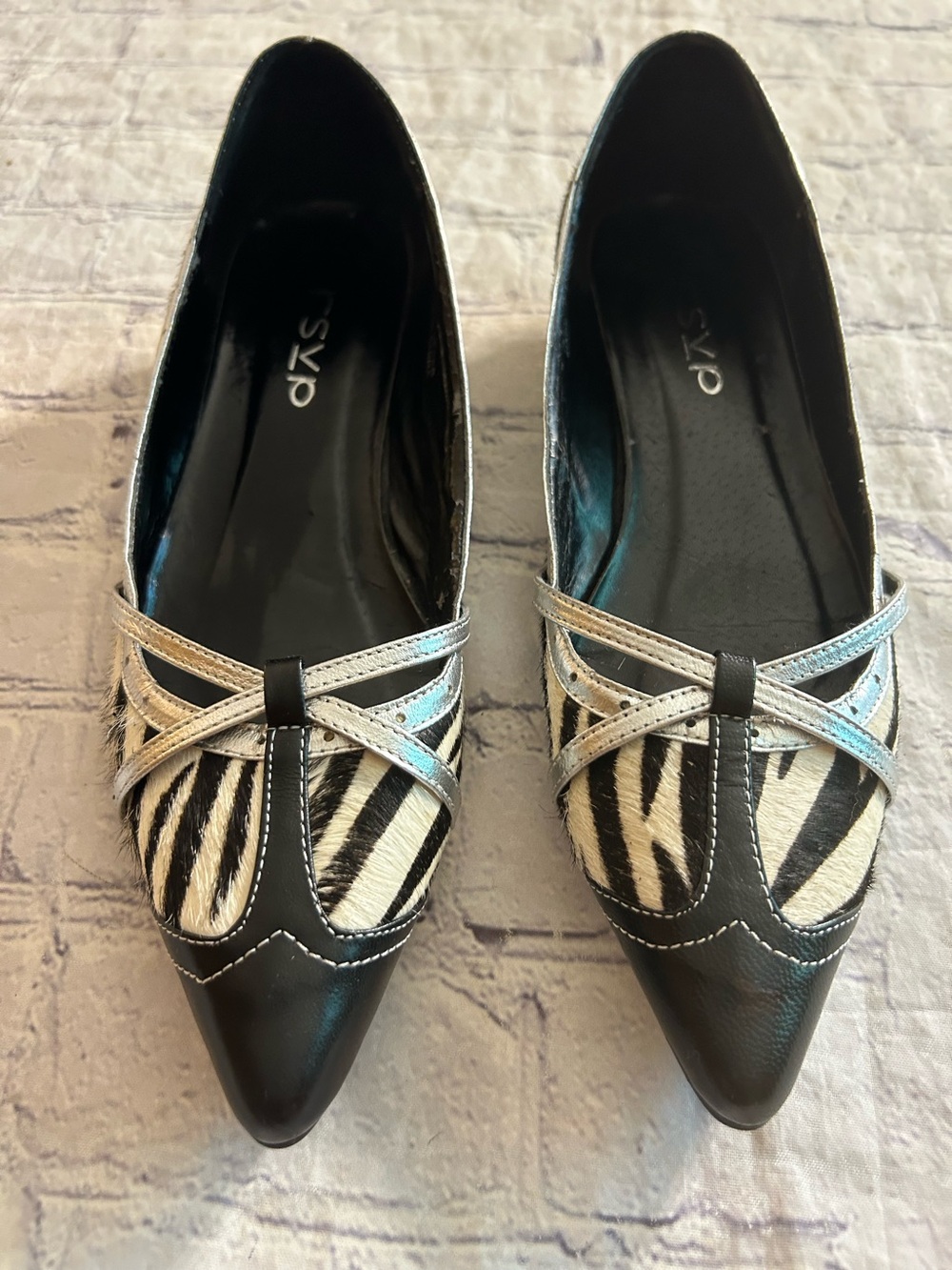 RSVP SARAH LEATHER BLACK & CREAM ZEBRA PRINT CALF HAIR POINTY TOE SHOES SIZE 8